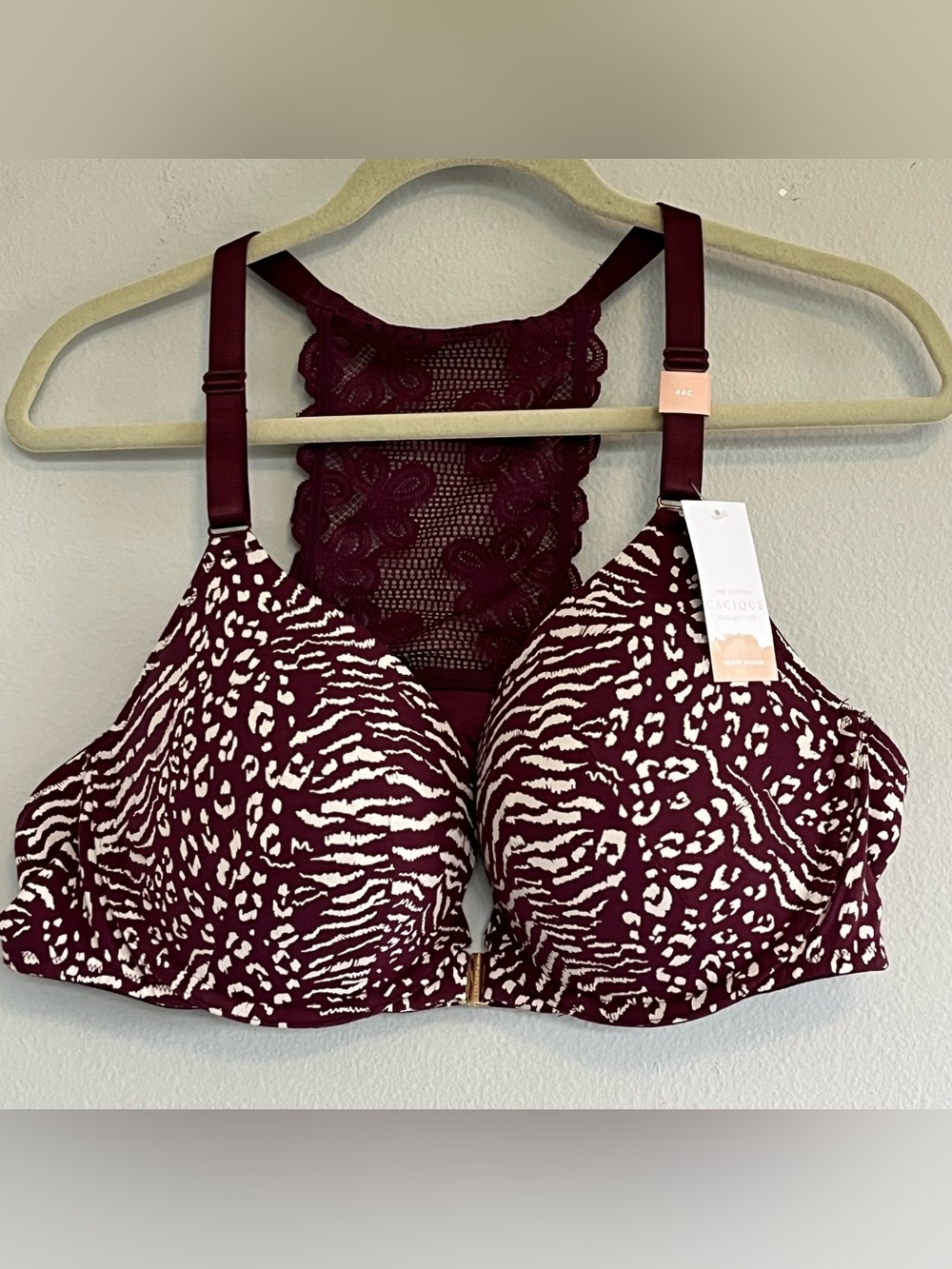 Cacique Burgundy Lace Boost Plunge Bra 44C with Cream Animal Print NWT